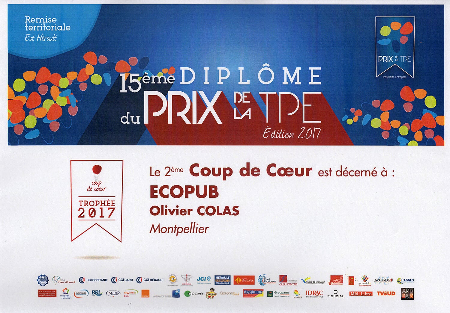 15ème diplôme de prix de la tpe edition 2017 coup de coeur ecopub