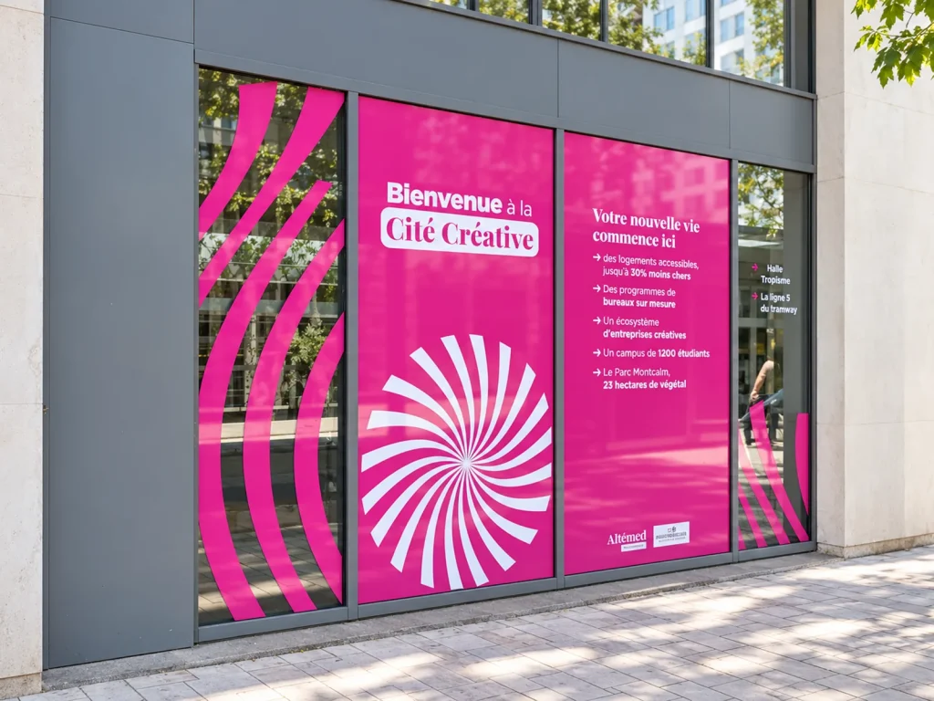 Vitrophanie sur mesure sur les cloisons vitrées de bureaux : plumes blanches et violettes en adhésif découpé le long d’un couloir