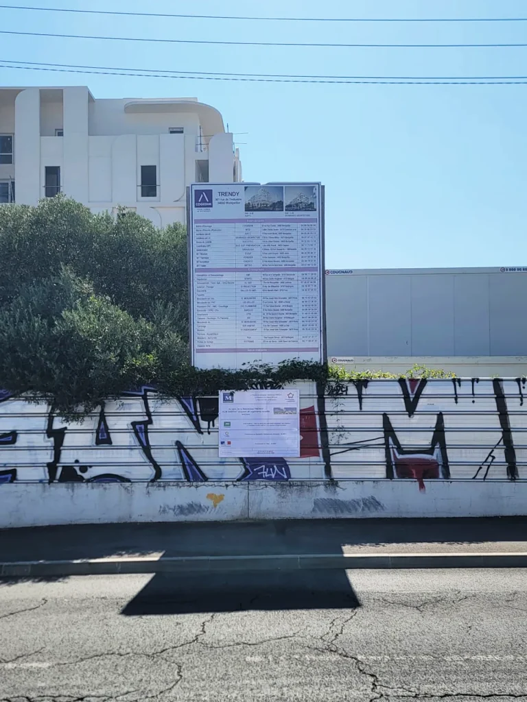 Fabrication et pose d’un panneau réglementaire sur palissade de chantier pour ACM à Montpellier